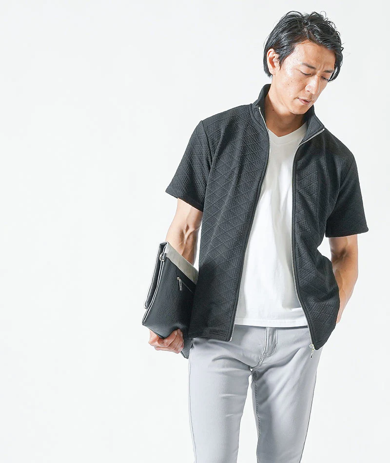 ちょいワル・イケオジメンズ夏の3点コーデセット　黒半袖ブルゾンジャケット×白半袖Tシャツ×グレースリムチノパンツ - Image 10