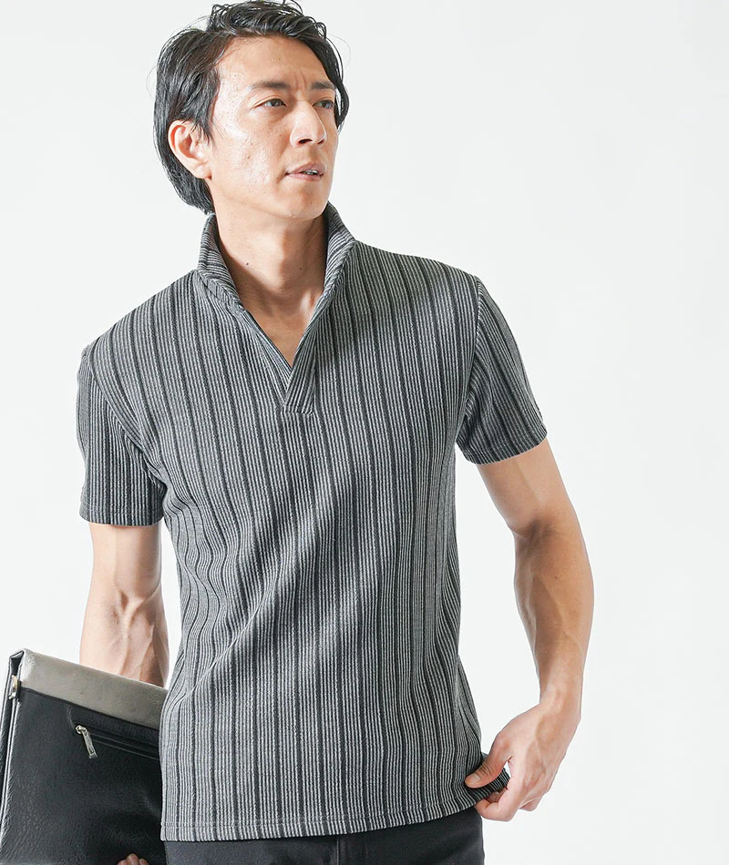 ちょいワル・イケオジメンズ夏の3点コーデセット　グレー半袖ポロシャツ×白半袖Tシャツ×黒ストレッチチノパンツ - Image 6