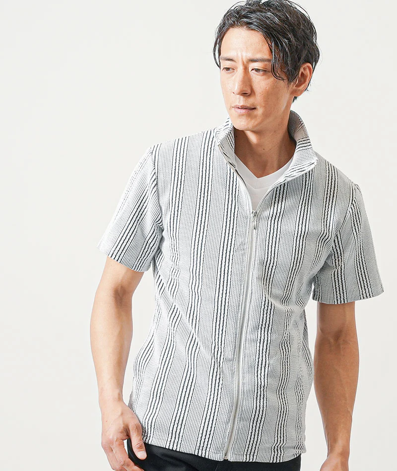 ちょいワル・イケオジメンズ夏の3点コーデセット　白黒半袖ブルゾンジャケット×白半袖Tシャツ×黒スリムチノパンツ - Image 6