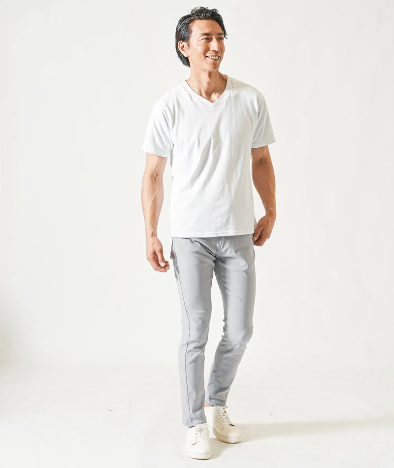 ちょいワル・イケオジメンズ夏の3点コーデセット　黒半袖ブルゾンジャケット×白半袖Tシャツ×グレーストレッチチノパンツ - Image 5