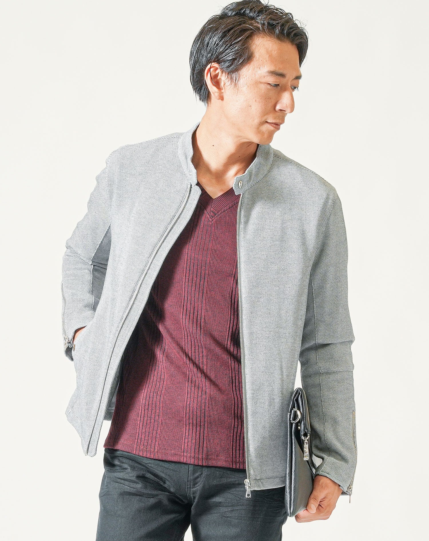 ちょいワル・イケオジメンズ3点コーデセット　グレー長袖ライダースジャケット×ワイン長袖Tシャツ×黒スリムテーパードパンツ - Image 6