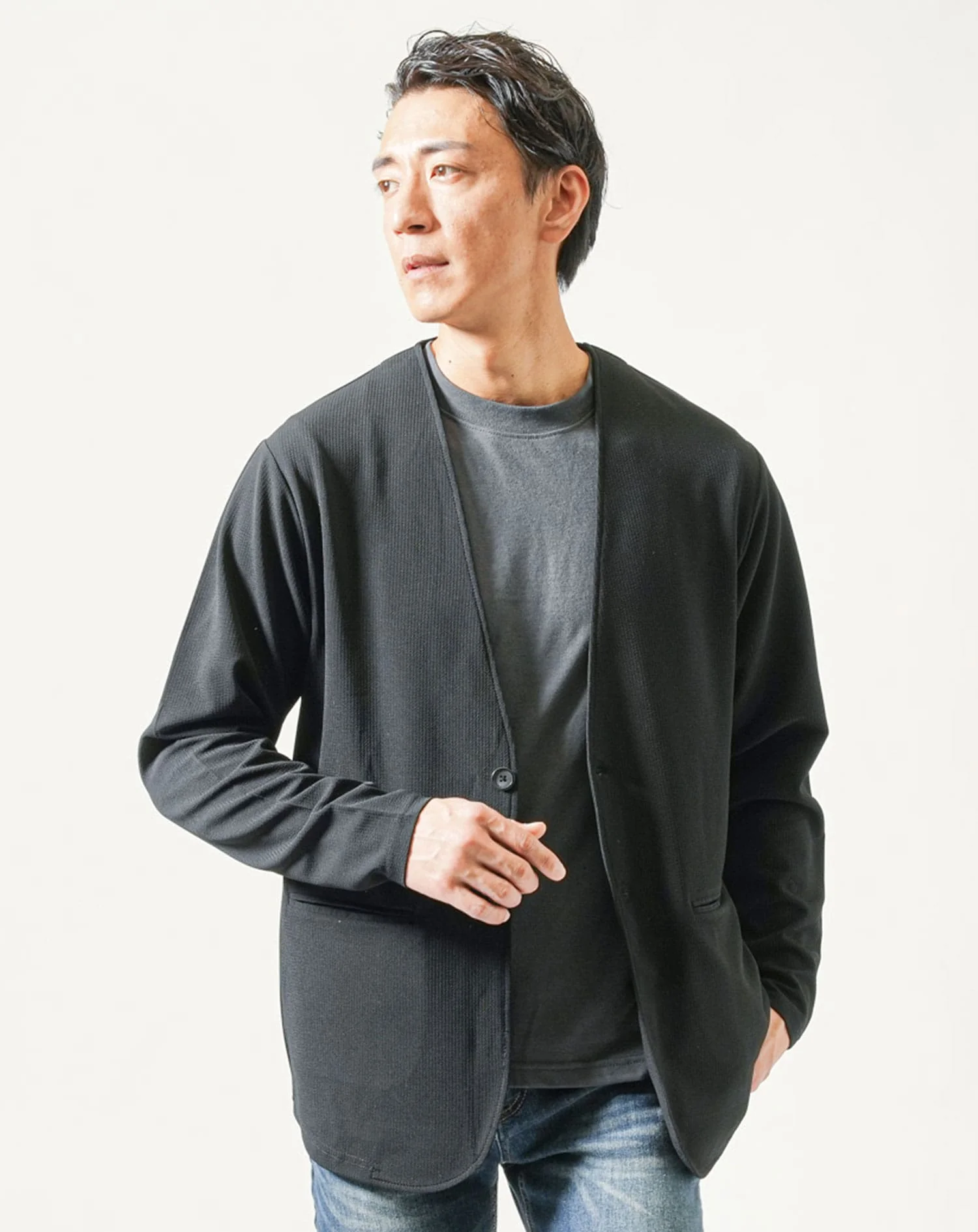 ノーカラー長袖ジャケット×半袖クルーネックＴシャツ 2点セット - Image 4