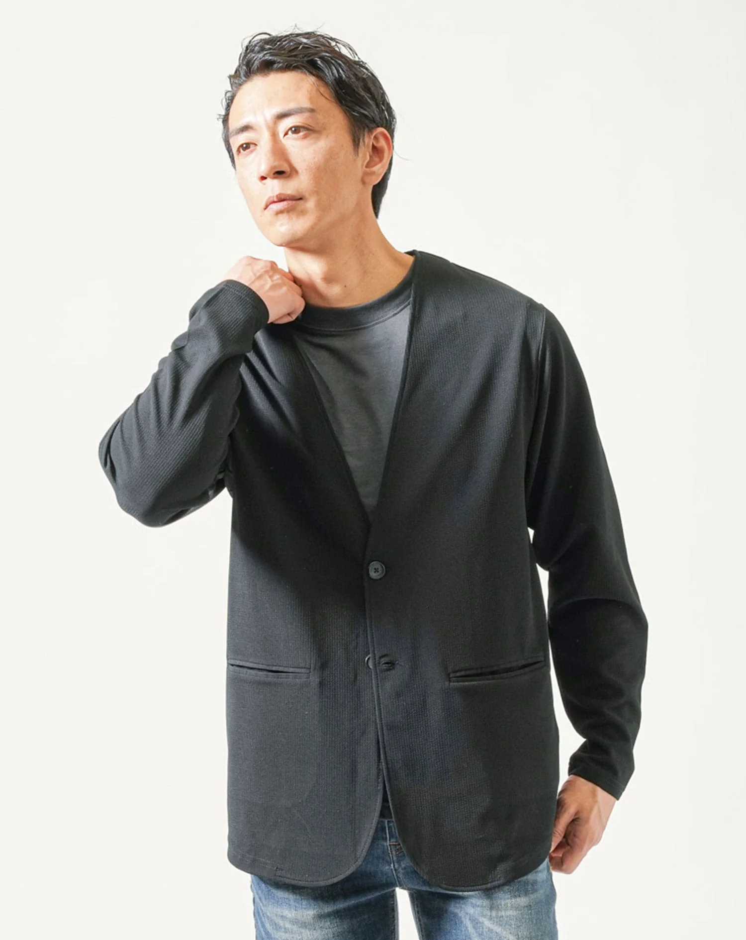 ノーカラー長袖ジャケット×半袖クルーネックＴシャツ 2点セット - Image 5