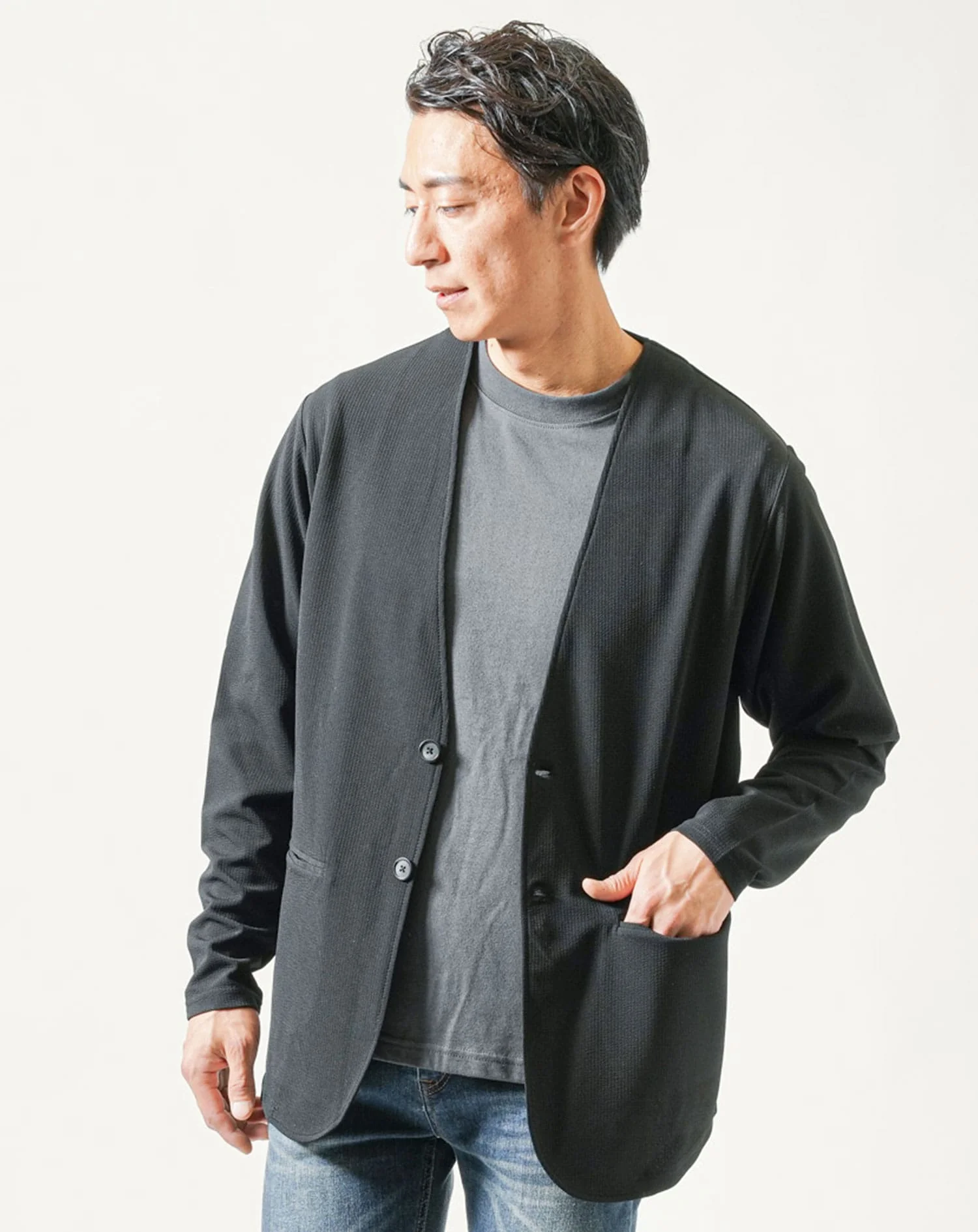 ノーカラー長袖ジャケット×半袖クルーネックＴシャツ 2点セット - Image 9
