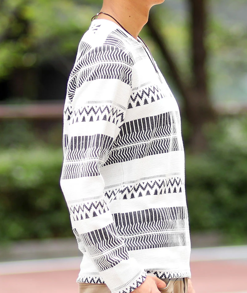 オルテガボーダーリップル長袖VネックTシャツ - Image 15