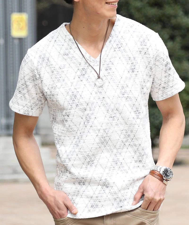 スラブネップ素材チェックデザインVネック半袖Tシャツ - Image 10