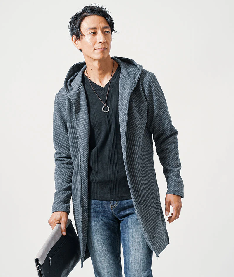 バイアスジャガード長袖フード付きボタンレスロングフーディガン - Image 18