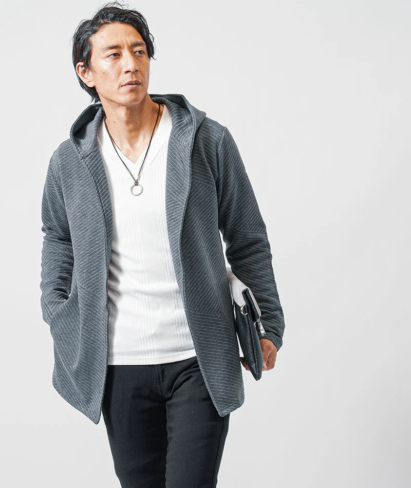 バイアスジャガード長袖フード付きボタンレスロングフーディガン - Image 25