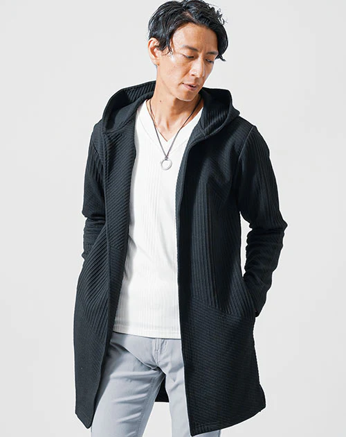 バイアスジャガード長袖フード付きボタンレスロングフーディガン - Image 7