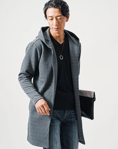 バイアスジャガード長袖フード付きボタンレスロングフーディガン - Image 8