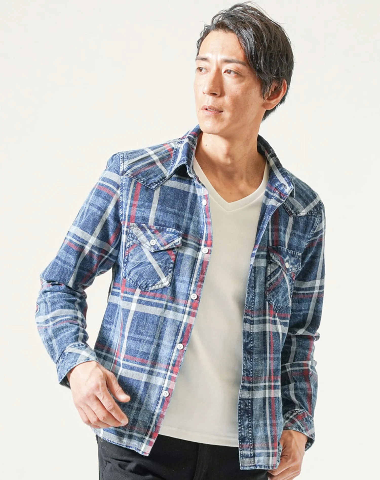 青色チェックシャツウェスタンデニム - Image 11