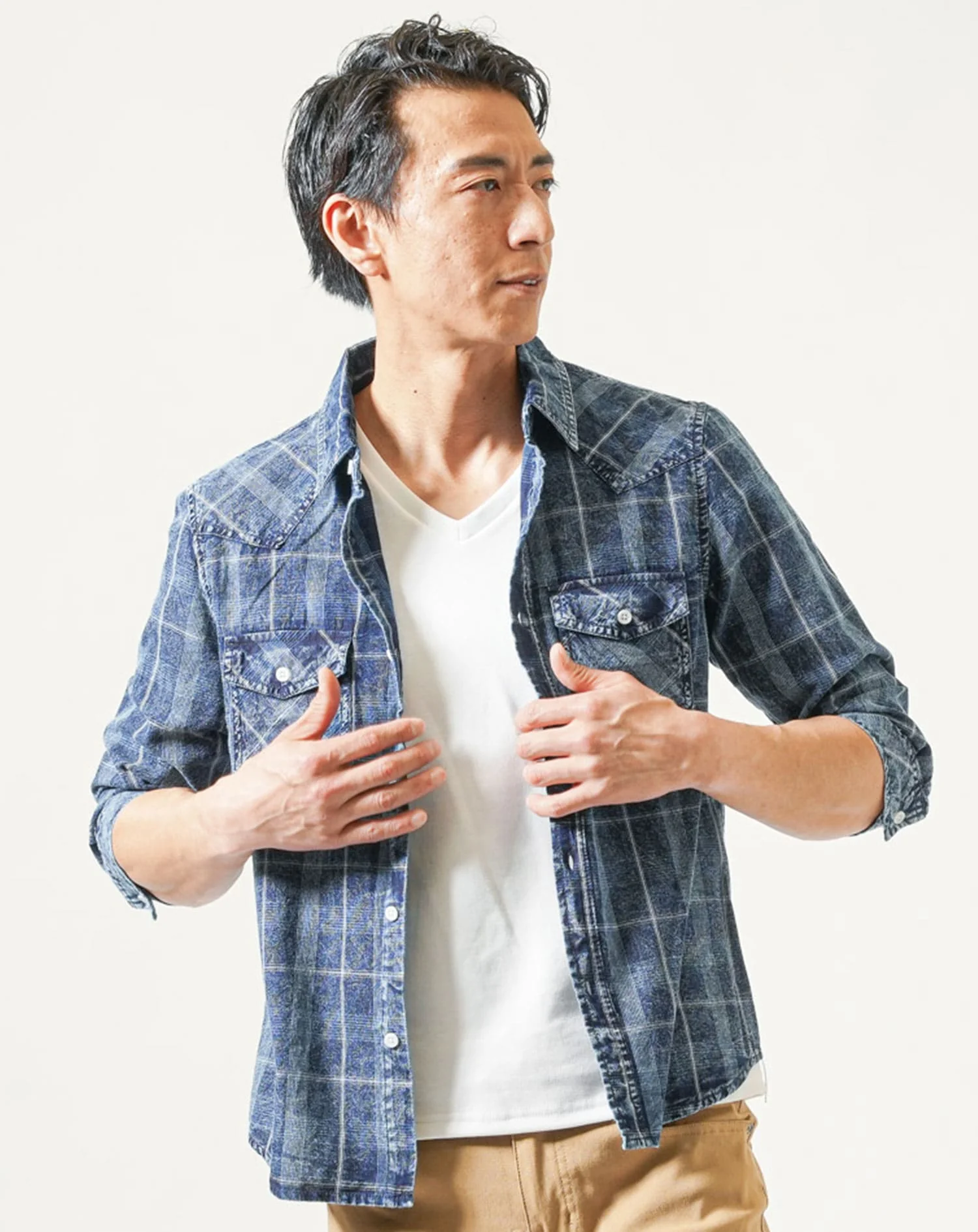 7分袖インディゴデニムウエスタンチェックシャツ - Image 10