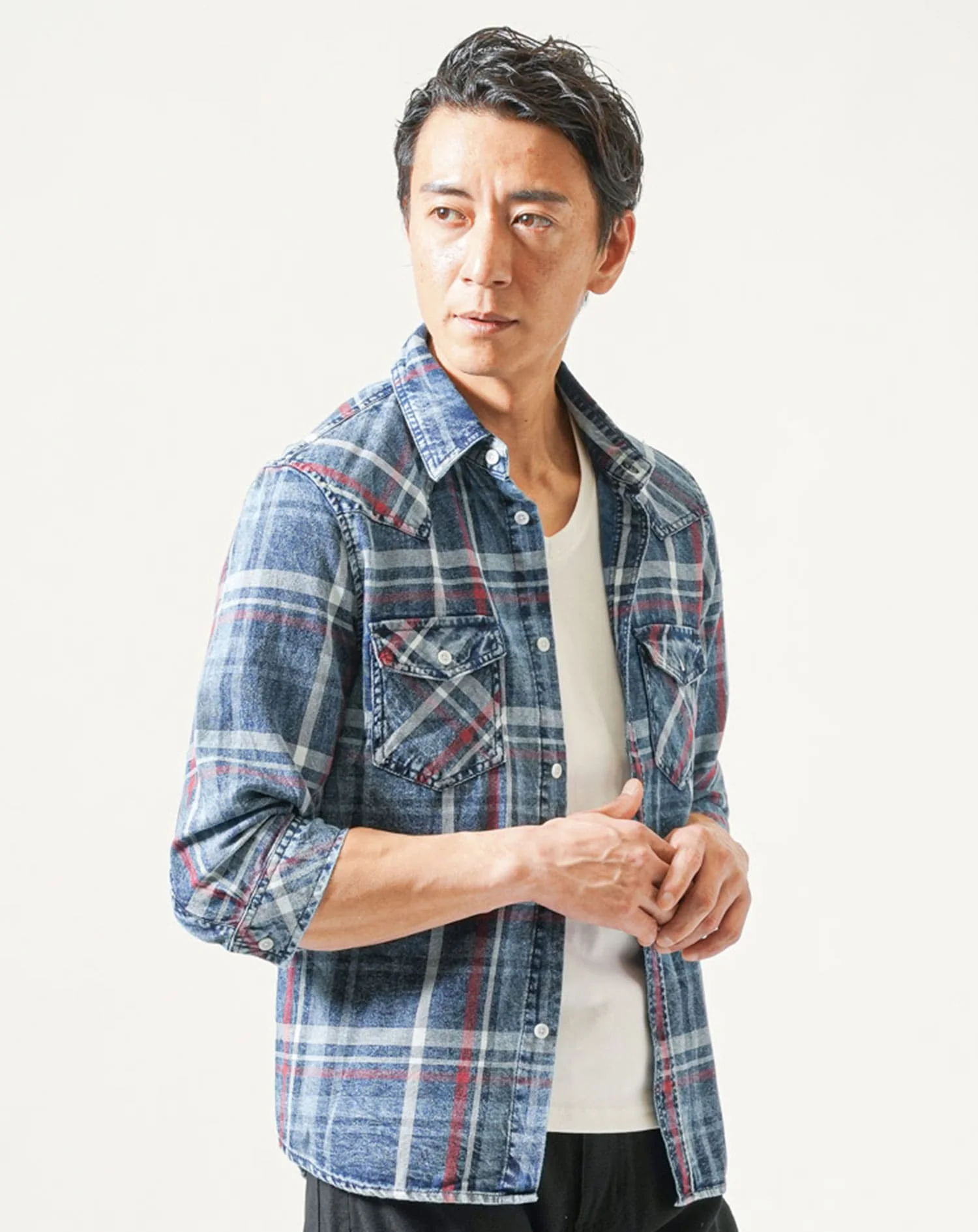 7分袖インディゴデニムウエスタンチェックシャツ - Image 3