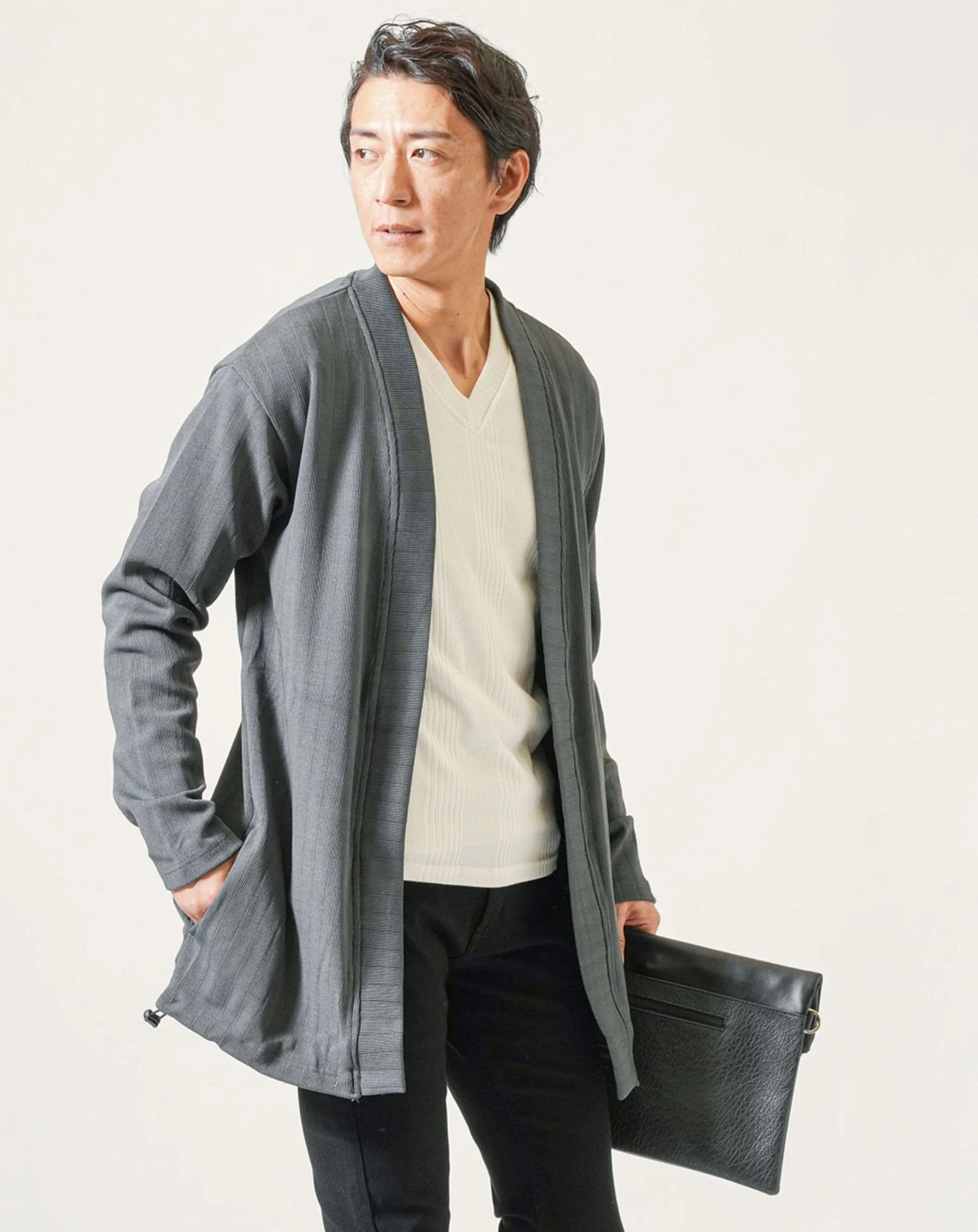 ランダムテレコ素材ボタンレス長袖ロングカーディガン - Image 9