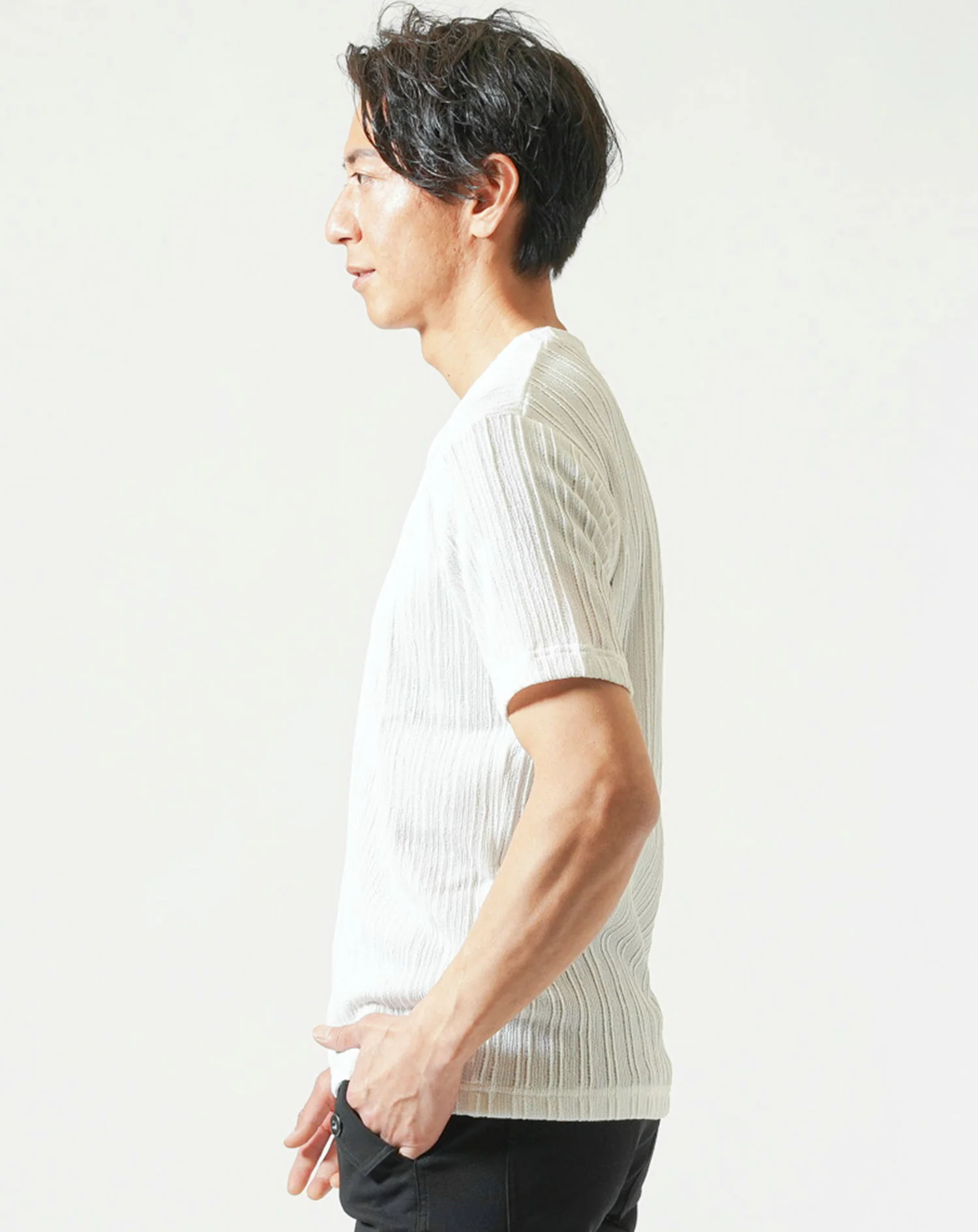 フェイクレイヤードタックテレコVネック半袖Tシャツ - Image 7