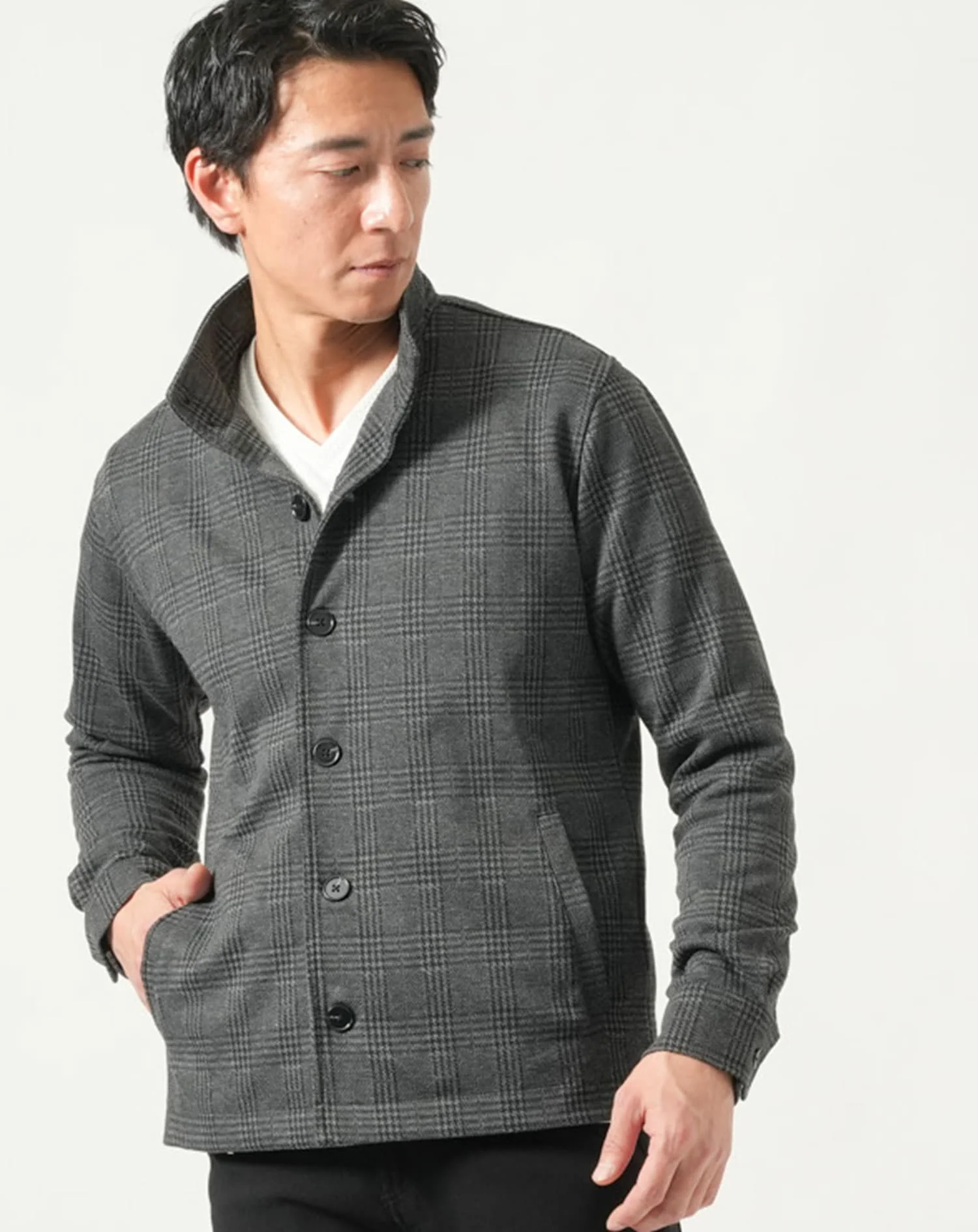 グレンチェックスタンドカラー長袖ジャケット - Image 5