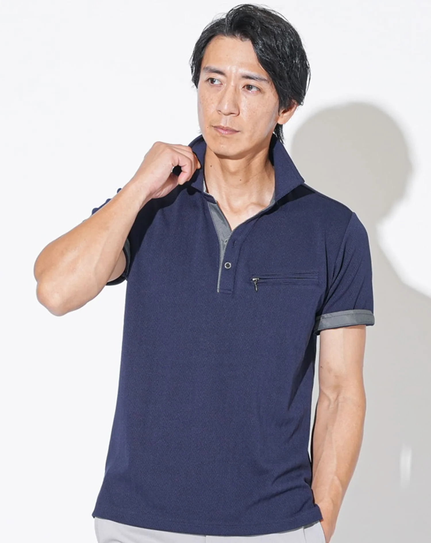 接触冷感ヘリンボーン柄スキッパー半袖ポロシャツ - Image 10