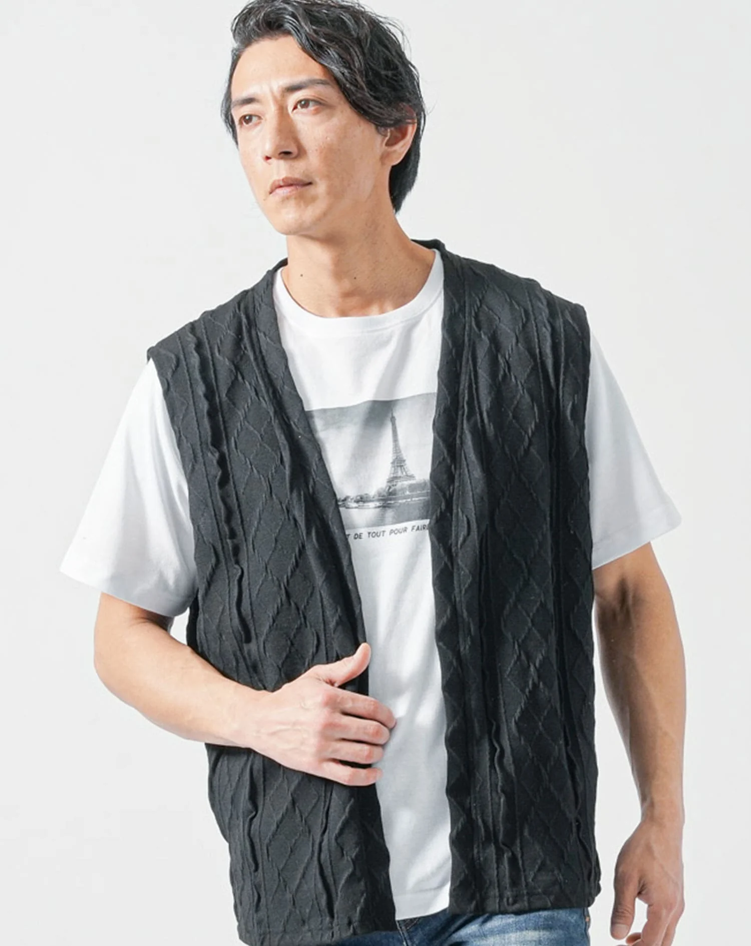 アラン編みニットベスト×プリントクルーネック半袖Tシャツ 2点セット - Image 2
