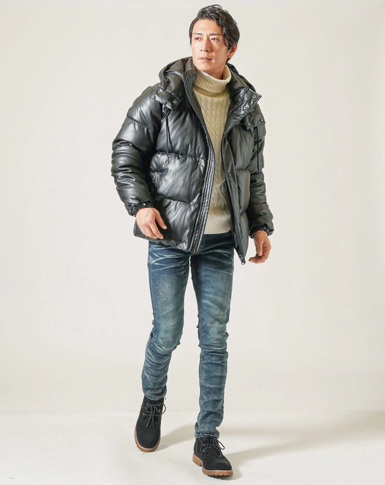 脱着フード付きPUレザー中綿ダウンジャケット - Image 4
